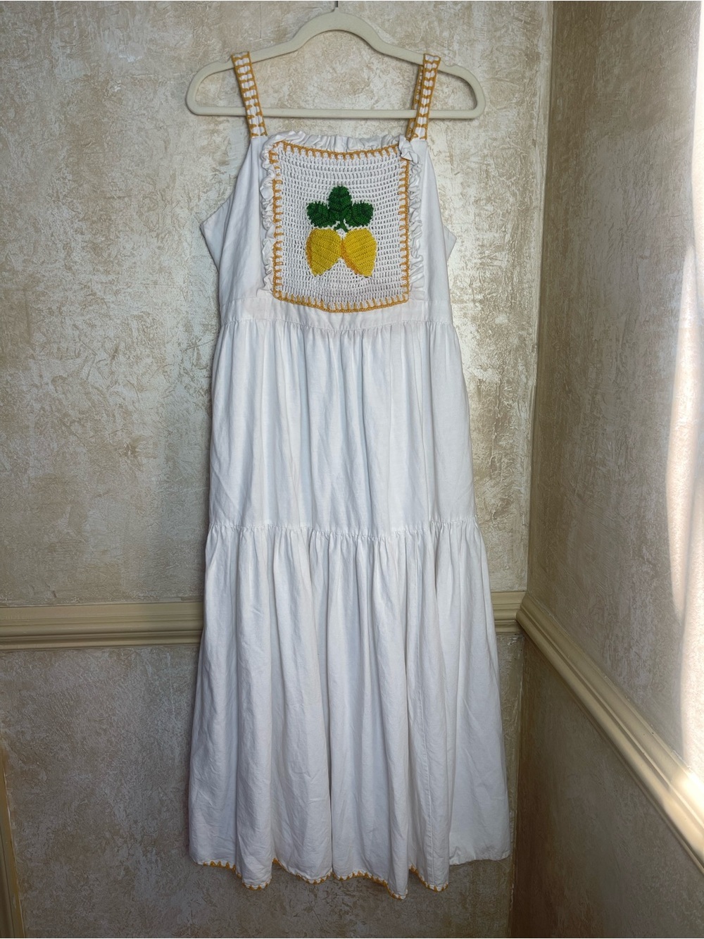 Saylor Kathy Midi Cotton Dress Lemon print Embroidered white summer Sz M Coastal - Picture 5 of 12